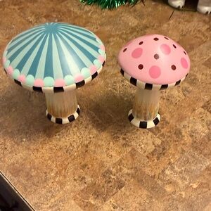 McKenzie Childs Whimsical Blue and Pink Mushroom Decor Set